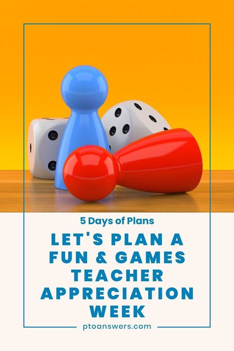 Let's plan the most fabulous Fun and Games themed Teacher Appreciation Week qwith 5 days of plans for an entire week of fun!  Your PTO PTA Staff Appreciation Chair will love all the ideas for the daily activities, menu and gift ideas for teachers and school staff. Game Theme Teacher Appreciation, Board Game Teacher Appreciation Week, Board Game Theme Teacher Appreciation, Teacher Appreciation Game Theme, Fun Teacher Appreciation Ideas, Pto Teacher Appreciation Ideas, Teacher Appreciation Breakfast, Teacher Appreciation Week Themes, Board Game Themes