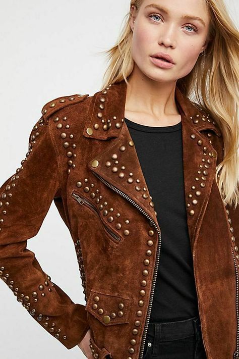 New Women 100% Hand Made Studded Easy Rider Suede Leather Jacket XS To 5XL #Vipzi #WomenMotoRiderjacket Varsity Jacket Women, Vintage Suede Jacket, Studded Leather Jacket, Suede Leather Jacket, American Western, Brown Suede Jacket, Studded Jacket, Easy Rider, Ropa Diy