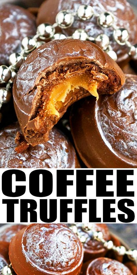 COFFEE TRUFFLES RECIPE- Quick, easy, chocolate mocha truffles with caramel center. They are great as a snack or homemade gift for Christmas holidays. From CakeWhiz. Coffee Truffles Recipe, Coffee Fudge Recipes, Coffee Truffles, Mocha Truffles, Coffee Fudge, Espresso Truffles, Caramel Truffles, Easy Truffles, Dessert Truffles