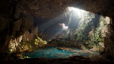 Cave Home Fantasy Art, Cave Ecosystem, Fantasy Cave, Water Cave, Mermaid Cave, Cave Pool, Quick Art, Ocean Projects, Cave Entrance