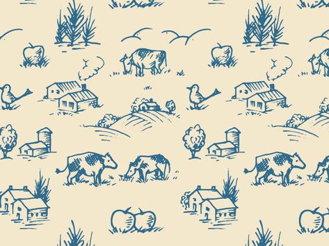 Upstate Farm Pattern by Andy Orr on Dribbble Vintage Line Art Illustration, Outskirts House, Farmhouse Graphic Design, Farm Illustration Design, Farm Graphic Design, Farmhouse Illustration, Farm Animal Illustration, Farm Branding, Farm Illustration