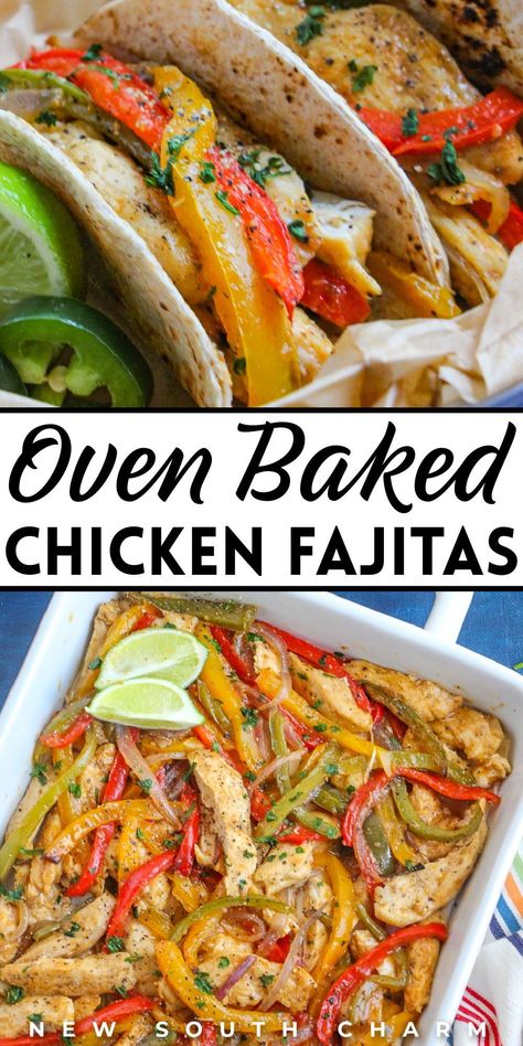 These Chicken Fajitas only require a few ingredients and bake up super quickly on one sheet pan. Save time and serve up a delicious meal with this easy sheet pan chicken fajita recipe from New South Charm. It's a weeknight dinner saver! Things To Make For Dinner, Oven Baked Chicken Fajitas, Easy Fajita Recipe, Fajita Seasoning Recipe, Easy Oven Baked Chicken, Baked Chicken Fajitas, Homemade Fajita Seasoning, Chicken Fajita Recipe, Chicken Slices