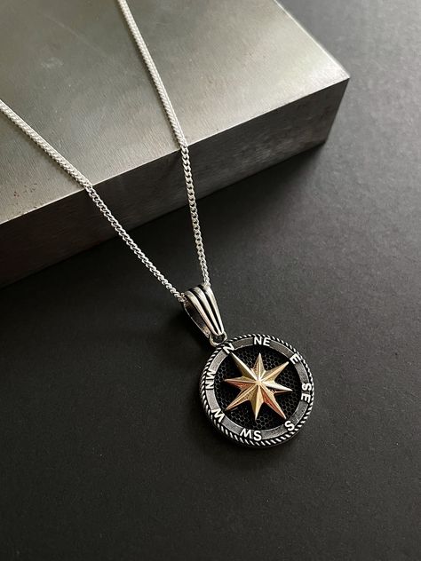 This sterling silver compass pendant is tri-colored to allow for versatility, as it can go with both silver and gold jewelry. The silver has been oxidized to create a black contrast which allows the details to really stand out. The pendant and chain are made from quality 925 sterling silver. This men's coin necklace is durable and made for everyday wear. Sterling silver is hypoallergenic, resistant to tarnishing and waterproof! Making it perfect for those who have sensitive skin. Would make a th Men’s Pendant, Silver Compass Necklace, Compass Necklace Silver, Silver And Gold Jewelry, Thoughtful Gifts For Him, Men Pendant, Silver Water, Compass Pendant, Jewelry Mens