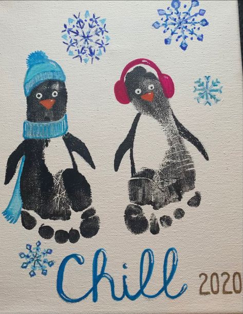 January Baby Craft Ideas, Penguin Handprint Art, Baby Foot Print Art Winter, Snowman Feet Print, Infant Crafts Daycare January, January Craft For Infants, Winter Themed Handprint Art, Winter Hand And Footprint Crafts, Baby Feet And Hand Print Ideas Christmas