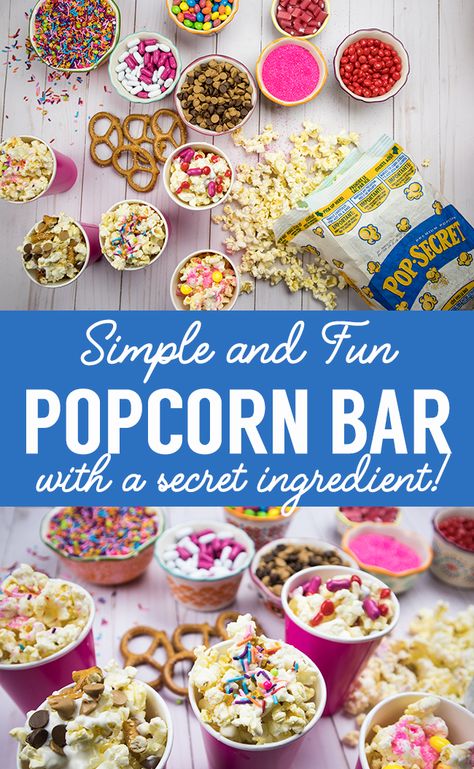 Popcorn Bar Ideas, Popcorn Bar Toppings, Popcorn Bar Party, Diy Popcorn Bar, Fun Popcorn, Popcorn Toppings, Birthday Popcorn, Party Food Bars, Diy Popcorn