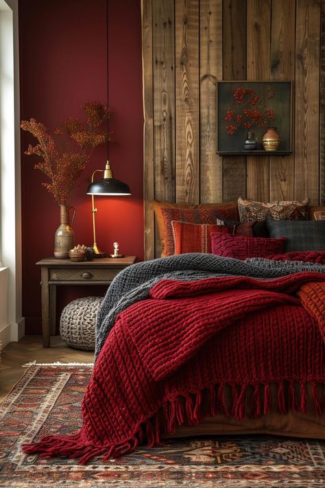 Red Color Bedroom Ideas, Wine Red Bedroom Ideas, Red Wall Bedroom Ideas, Red Walls Bedroom, Earthy Modern Bedroom, Warm And Cozy Bedroom, Red Bedroom Ideas, Burgundy Bedroom, Red Bedroom Design