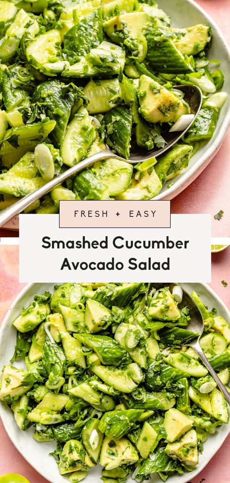 Easy smashed cucumber avocado salad made with simple ingredients for a beautiful side dish or addition to grain bowls and proteins! This fresh cucumber avocado salad packs plenty of flavor from lime juice, herbs, and a little jalapeño. Ambitious Kitchen Recipes, Smashed Cucumber, Smashed Cucumber Salad, Autoimmune Recipes, Cucumber Avocado Salad, Fresh Cucumber, Grain Bowls, Jalapeno Recipes, Avocado Salad Recipes