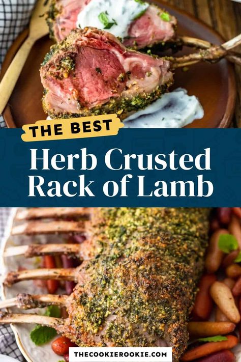 Rack of Lamb is an elegant option for holidays and special occasions. This delicious Herb Crusted Rack of Lamb recipe is simple yet filled with incredible flavor! The Mint Yogurt Sauce is the perfect compliment to the savoriness of this dish. Try this roast rack of lamb for a beautiful Easter Dinner! #thecookierookie #lamb #easter #rackoflamb #maindish #holidayrecipes Herb Crusted Rack Of Lamb, Lamb Rack Recipe, Mint Yogurt Sauce, Roast Rack Of Lamb, Crusted Rack Of Lamb, Lamb Dinner, Lamb Chop Recipes, Mint Yogurt, Lamb Dishes