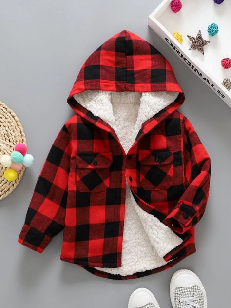 Toddler Boys Gingham Teddy Lined Flap Pocket Hooded Coat | SHEIN USA Kids Fasion, Quilted Jacket Men, Winter Baby Clothes, Boys And Girls Clothes, Boys Coat, Toddler Boy Outfits, Hooded Coat, Boys Clothing, Sewing Clothes