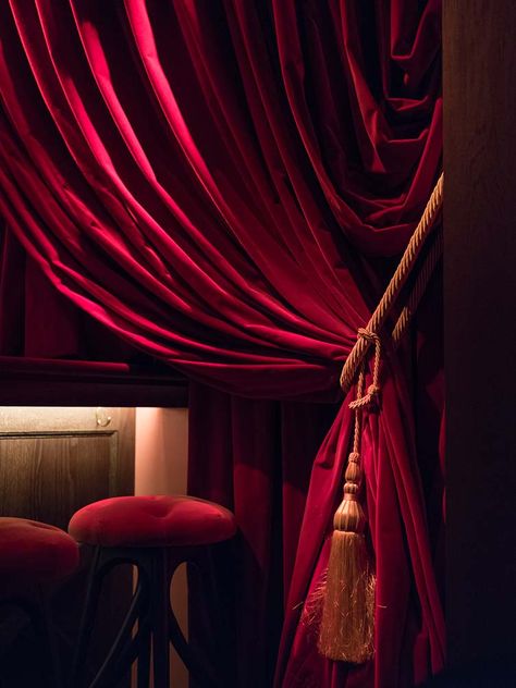 Eccentric Interior, Theatre Curtains, Door Way, Reception Entrance, Design Café, Tattoo Parlor, Window Covering, Red Room, Red Curtains