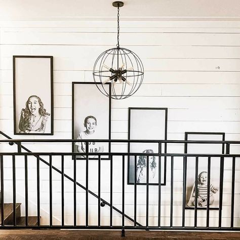 Picture Wall Ideas Going Upstairs, Vaulted Stairway Decor, Top Of The Stairs Decor, Top Of Stairs Decor Upstairs Landing, Wall Above Stairs Decor, Wall Arrangement Ideas, Shiplap Stairwell, Wall Above Stairs, Top Of Stairs Decor