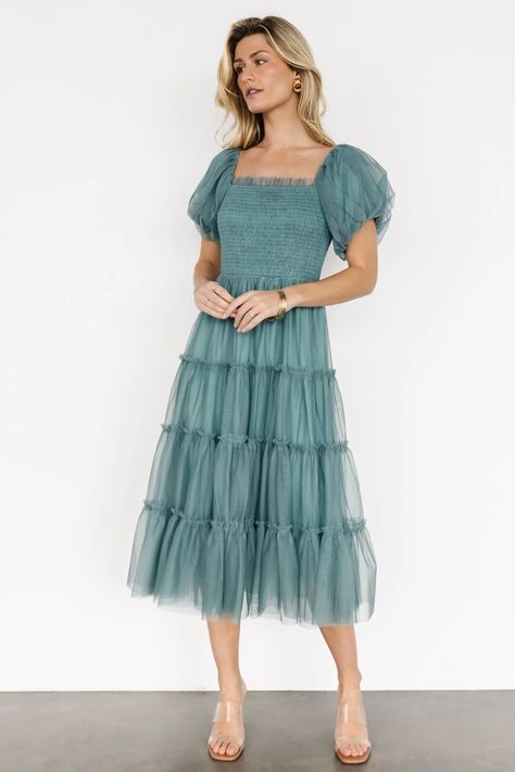 Liv Tulle Midi Dress | Eucalyptus | Baltic Born Eucalyptus Color, Midi Tulle Dress, Tulle Midi Dress, Tulle Material, Green Eucalyptus, Tiered Midi Skirt, Baltic Born, Midi Dress Style, Navy Midi Dress