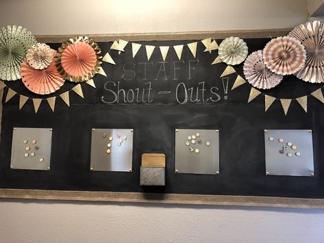 Made this for our schools staff shout out board. Covered a pin board with Chalk Board fabric. Added magnetic boards with over-sized thumb tacks and created cute magnets to go with the embellishments. Office Shout Out Board Ideas, Thumb Tack Board Ideas, Kudos Board For Work, Shout Out Board Employee, Staff Shout Out Bulletin Board, Recognition Board Workplace, Office Bulletin Board Ideas Workspaces, Staff Shout Out Board, Staff Shout Outs