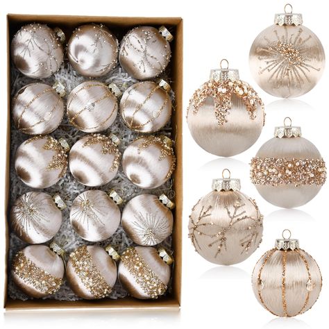 PRICES MAY VARY. Elegant and Luxurious Design: These satin Christmas ornaments feature a luxurious design with silk line wrapping on the outside, and they come in three different styles adorned with sequins, beads, gold thread, and other elegant decorations. Add a touch of sophistication to your holiday decor. Durable and Shatterproof: Crafted with high-quality materials, these champagne Christmas ornaments are sturdy and unbreakable, ensuring they won't easily break. They are long-lasting and r Copper Christmas Decor, Xmas Bulbs, Champagne Christmas Tree, Luxury Christmas Decor, Glam Christmas Tree, Christmas Tree Bulbs, Clear Christmas Ornaments, Xmas Balls, Pretty Christmas Decorations