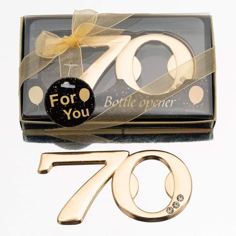 PRICES MAY VARY. 1.Black and Gold Themed- Our gold 70 shaped bottle opener sets includes 24Pcs. Each one has individual package in Black and Gold, perfect for your black and gold themed birthday/Wedding party ceremony decorations 2.70th Birthday Party Favors for Guests: Golden color and rhinestones add sparkling details to give them a beautiful look. Add extra charm to your classy Gold birthday or wedding anniversary party by gifting these gorgeous 70 bottle openers! These bottle openers are one 70th Party Favors, 70th Birthday Party Favors, 70th Wedding Anniversary, 70th Birthday Decorations, 70th Birthday Party, 70th Birthday Parties, 80th Birthday Party, 70th Birthday Gifts, Wedding Anniversary Party