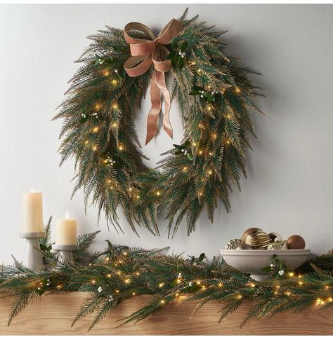 Mirror With A Wreath, Wreath On Wall Decor, Classy Christmas Wreath, Square Christmas Wreaths, Wreath Over Bed, Wreath On Wall, Green And Gold Christmas Decor, Cypress Wreath, Gold Wreath Christmas