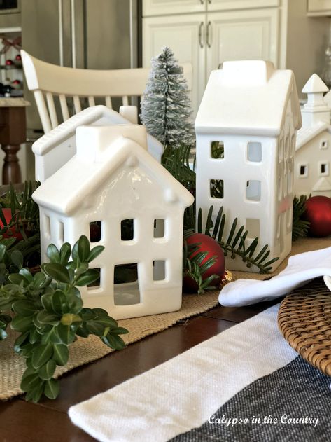 white ceramic christmas houses White Ceramic Christmas Houses, Christmas Mini Houses, Ceramic Village, White House Christmas, Houses Christmas, Christmas Houses, Pottery Houses, Christmas Village Display, Christmas Tablescapes