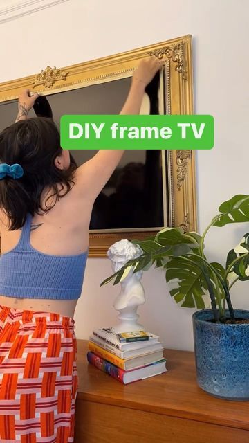 Diy Television Frame, How To Make A Tv Look Like Art, Diy Frame Tv Mounted Tv, Fake Tv Frame, Tv Hanging On Wall Ideas Bedroom, Diy Gold Tv Frame, Tv Border Frame, Diy Picture Frame For Tv, Diy Tv Frame Ideas