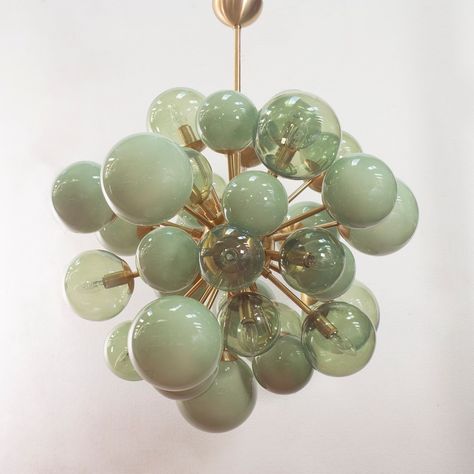 Italian Chandelier Sputnik Green Shades Murano Blown Glass Balls, Brass Finish, Handmade Suspension Made in Italy Design - Etsy Accent Lamps, Italian Chandelier, Glass Balls, Green Shades, Italy Design, Contemporary Chandelier, Chandelier Design, Accent Lamp, Lighting Inspiration