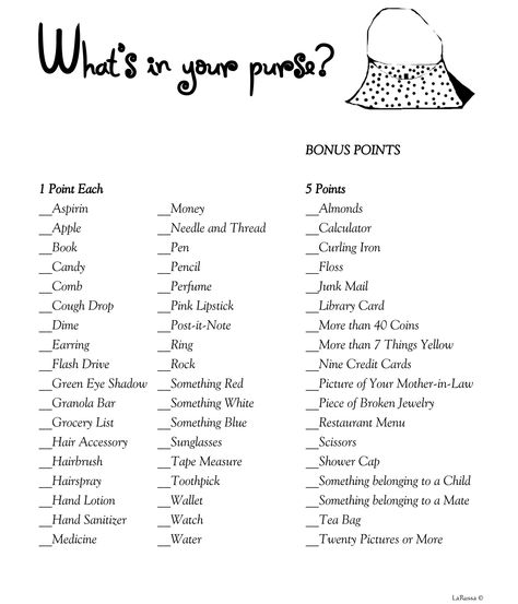 Mops Games, Coaches Wife, What's In My Purse, Bridal Shower Activities, Purse Game, Whats In Your Purse, Activities For Girls, Printable Bridal Shower Games, Women's Ministry