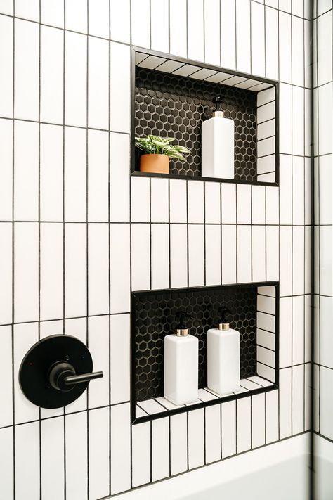 Bathroom Ideas Vertical Tile, Honeycomb Bathroom Tile Showers, Vertical Tiled Bathroom, Black White Tiled Bathroom, Black Bathroom Niche, Shower Niche Black And White, Bathroom Ideas Black And White Tile, Vertical Subway Tile Shower Wall, White Tile And Black Grout Bathroom