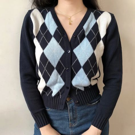 Sinora V-Neck Argyle Cropped Cardigan | YesStyle Geometric Cardigan, Vetements Clothing, Maxi Dresses Fall, Cardigan Crop Top, Knitting Women Cardigan, Cardigan Crop, Plaid Sweater, England Fashion, Argyle Sweater