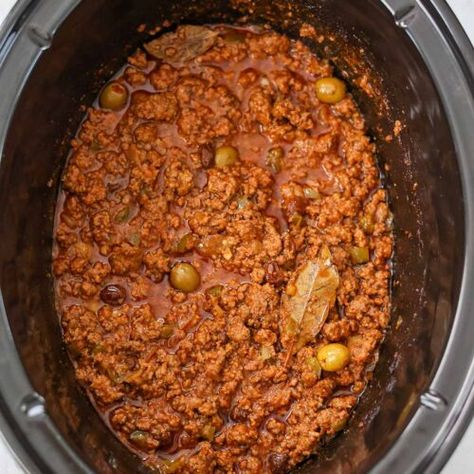 Crockpot Cuban Picadillo (Grandma's Recipe) - Cooked by Julie Crock Pot Picadillo, Slow Cooker Picadillo, Picadillo Crockpot Recipe, Crockpot Picadillo Slow Cooker, Piccodilo Recipe, Slow Cooker Cuban Sandwiches, Cuban Beef Picadillo, Cuban Picadillo Authentic, Crockpot Picadillo