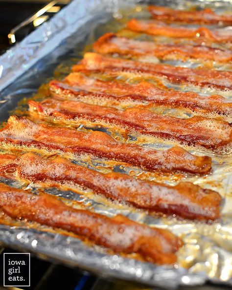 Want to know how to cook crispy bacon without all the muss and fuss? BAKE IT! You don't even need to preheat your oven! iowagirleats.com bacon in oven, bacon in the oven, baked bacon, baked bacon in the oven Cook Bacon In Oven, Bacon In Oven, Maple Bacon Recipes, Thick Bacon, Oven Cooked Bacon, Oven Baked Bacon, Bacon In The Oven, Bacon Recipe, Cooking Bacon