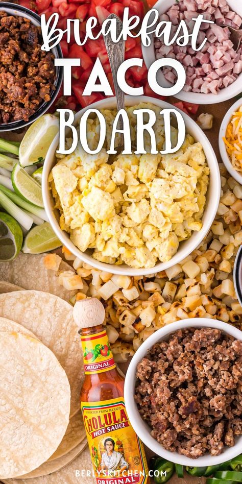 Breakfast Tacos For A Crowd, Taco Breakfast Scramble, Breakfast Taco Bar, Taco Board, Chorizo Tacos, Breakfast Taco, Cilantro Salsa, Fluffy Scrambled Eggs, Thanksgiving 2024