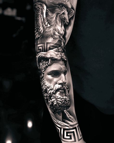 Hercules Leg Tattoo, Greek Mythology Tattoos Hercules, Hercules And Pegasus Tattoo, Hercules Forearm Tattoo, Hercules Cerberus Tattoo, Hercules Tattoo Stencil, Greek Temple Tattoo, Greek God Tattoo Sleeve, Hercules Tattoo Mythology