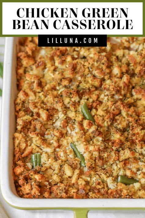 Chicken Stuffing Casserole is a family favorite for dinners and holidays. With chicken, stuffing, gravy, and green beans - it has a little bit of everything, making it a crowd pleaser! #chickenandgreenbeancasserole #chickenstuffingcasserole #casserole #chickencasserole #chickenstuffing Green Bean Chicken Stuffing Casserole, Recipes With Chicken And Green Beans, Chicken Stuffing And Green Bean Casserole, Crockpot Chicken And Stuffing Green Bean, Green Bean And Chicken Casserole, Rotisserie Chicken Green Beans, Chicken And Stuffing Casserole With Green Beans, Chicken Stuffing Casserole Green Beans, Chicken Casserole With Green Beans