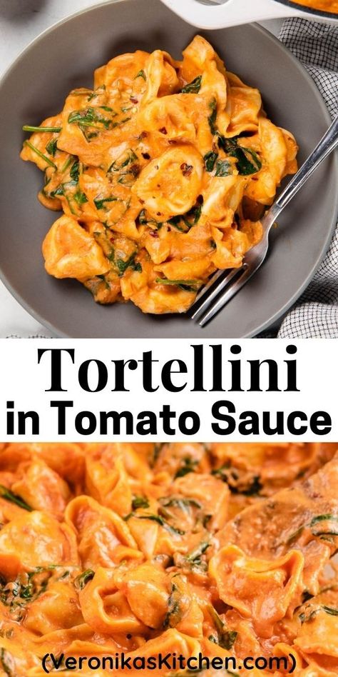 Tortellini in tomato sauce in a grey bowl. Spinach And Ricotta Tortellini, Cheese Tortellini Recipes, Quick Delicious Dinner, Spinach Tortellini, Tortellini Recipes, Wilted Spinach, Tortellini Pasta, Creamy Tomato Sauce, Easy Dinner Recipe