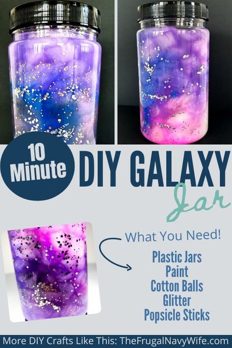 Create your own stunning DIY galaxy jar and bring the mesmerizing beauty of the universe to your home with this simple and fun craft. #diy #galaxyjar #craft #frugalnavywife #kids #arts #kidsactivity | DIY | Arts and Crafts | Kids | Galaxy Jar | Sensory | Kids Activity | Galaxy Birthday Games, Science Make And Take Activities, Galaxy Glitter Jar, Sensory Science Experiments, Galaxy In A Jar Diy, Calming Jars Diy, Galaxy Jar Craft, How To Make Galaxy Jars, Science Crafts For Kindergarten