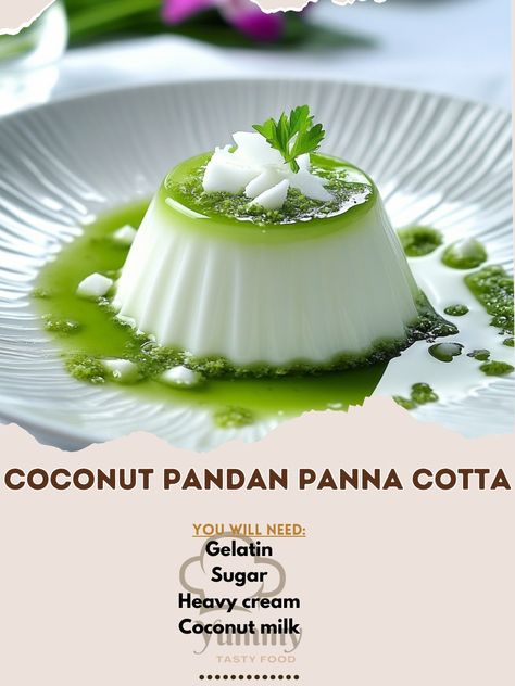 🥥🍮 Coconut Pandan Panna Cotta: Indulge in the creamy, tropical delight of coconut and pandan! 🍃🍮 #DessertHeaven #TropicalFlavors Coconut Pandan Panna Cotta Ingredients: Coconut milk (400ml) Heavy cream (200ml) Sugar (1/2 cup) Gelatin (1 tbsp) Pandan extract (1 tsp) Water (1/4 cup) Instructions: Bloom gelatin in water. Heat coconut milk, cream, and sugar until dissolved. Add gelatin and pandan extract. Pour into molds and chill until set. 🍃 Dive into the smooth and refreshing taste of this... Buko Pandan, Milk Cream, Indian Desserts, Dessert Drinks, Cream And Sugar, Food Plating, Coconut Cream, Heavy Cream, Coconut Milk