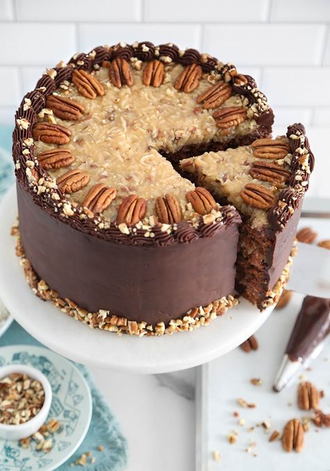 Classic German Chocolate Cake Recipe - Sprinkle Bakes German Chocolate Drip Cake, German Chocolate Treats, Fancy German Chocolate Cake, Authentic German Chocolate Cake Recipe, German Birthday Cake, German Chocolate Frosting Recipe, German Chocolate Bundt Cake, Easy German Chocolate Cake, German Chocolate Cake Frosting