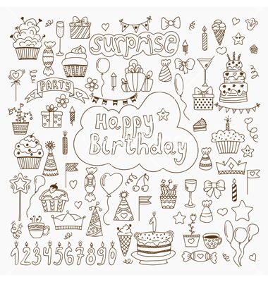 Hand drawn birthday elements set of birthday party vector by saenal78 on VectorStock® Birthday Elements, Drawing Birthday, Doodle Planner, Hand Drawn Doodles, Party Vector, Birthday Doodle, Planner Doodles, Bujo Doodles, Sketch Note