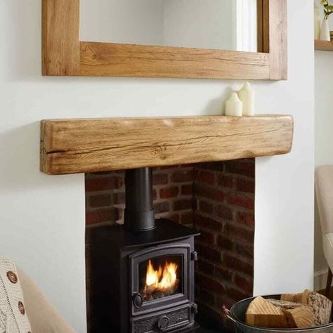 Oak Beam Fireplace, Floating Fireplace Mantel, Wood Burner Fireplace, Reclaimed Wood Mantel, Log Burner Living Room, Rustic Mantle, Farmhouse Mantel, Floating Fireplace, Oak Mantel