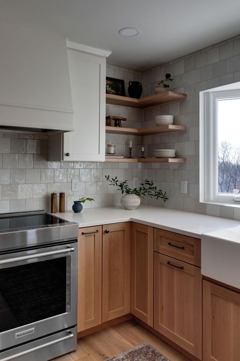 Ikea Light Wood Kitchen, Walnut White Kitchen, Mixed White And Wood Kitchen Cabinets, White Backsplash With Oak Cabinets, Wood Effect Kitchen Cabinets, Natural Shaker Cabinets, Kitchen Oak Flooring, Wood Cabinets With White Backsplash, Shelves And Cabinets In Kitchen