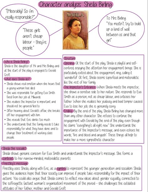 GCSE revision Inspector Calls Character Analysis, Gcse Inspector Calls Revision, Inspector Calls Revision Characters, An Inspector Calls Revision Notes, Sheila Birling, An Inspector Calls Quotes, Inspector Calls Revision, Revision English, Flashcards Revision