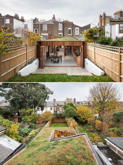 A modern home extension with a green roof, minimalist interior, and warm wood window frames. Eco Roof, Living Wall Garden, Green Roof Design, Green Roof House, Flat Roof Extension, Grass Roof, Home Extension, House In London, Roof Extension