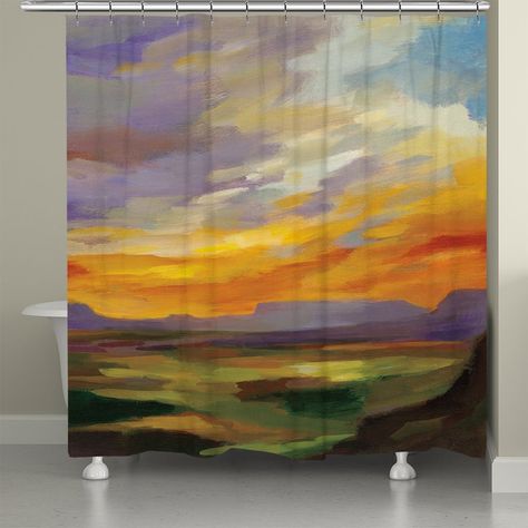 This landscape shower curtain, "Sonoran Deser Sunset" showcases a stunning sunset against the rolling hills of the desert. The hand -painted design is full of multicolor jewel tones of purple, orange, and green. Bathroom Artwork, Stunning Sunset, Weathered White, Desert Sunset, Small Bathrooms, Sonoran Desert, Green A, Shower Liner, Curtains With Rings