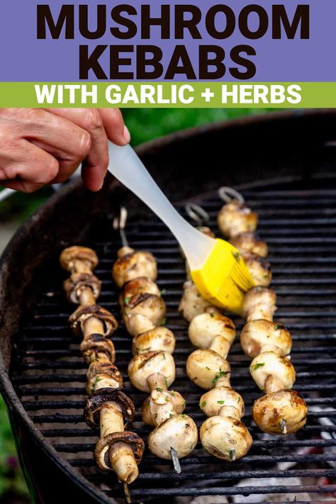 These simple Grilled Mushroom Kebabs are made with perfectly juicy mushrooms marinated with garlic herb marinade and threaded onto skewers. With only 30 minutes to make them, they make a light meatless main, or work as a simple veggie side dish for a busy night. They are low in carbs and calories but big in juicy flavor! Garlic Herb Marinade, Healthy Stuffed Mushrooms, Vegetarian Grilling Recipes, Herb Marinade, Veggie Side Dish, Grilled Broccoli, Kebabs On The Grill, Marinated Mushrooms, Grilled Potatoes