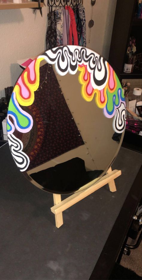 Acrylic handpainted by @3rdeyeivy on IG CHECK OUT AT @CLOUDED.CRAFTSHOP ON IG FOR MORE 💖 Drippy Mirror, Painted Mirror Aesthetic, Diy Mirror Painting Ideas, Mirror Painting Ideas Art, Mirror Frame Painting Ideas, Mirror Crafts Diy, Mirror Art Diy, Mirror Painting Ideas, Dripping Paint Art