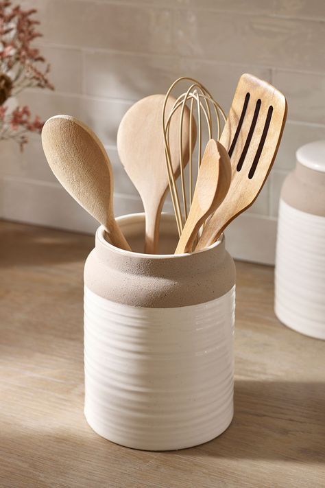 Buy White Kya Utensil Pot from the Next UK online shop Ivory Kitchen, Wood Kitchen Utensils, Natural Wood Kitchen, Ceramic Utensil Holder, Gray And White Kitchen, Pot Storage, Flat Decor, Wooden Accessories, Treat Jars