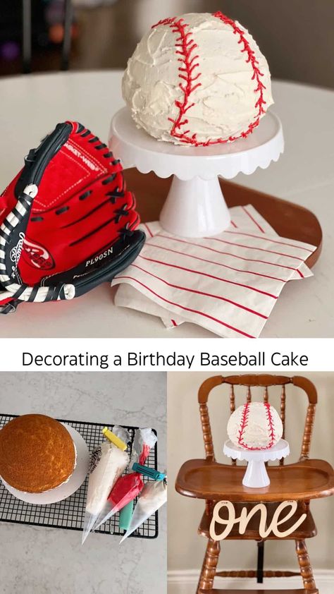 Baseball Cake- An Easy Smash or Birthday Cake - traditionallycozy.com Braves Birthday Cake, Diy Baseball Cake, Baseball Smash Cake One Year Old, Brave Birthday Cakes, Baseball Smash Cake, Baseball Birthday Cakes, Smash Cake Recipes, White Food Coloring, Orange Buttercream