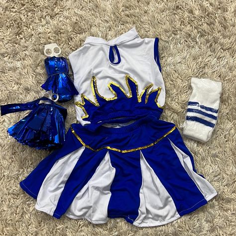 Get Ready For Halloween, Cheerleader Girl Costume. Blue And White With Gold Details. Include Sleeveless Top, White Knee High Socks, Skirt/Short And Throw Royal Blue Pompons. New Never Worn Size 6/8 Varsity Cheer Uniforms, Cheerleader Costume Kids, Halloween Cheerleader, Cheerleading Costume, Girls Cheerleader Costume, Cheerleader Halloween, Gold Socks, White Knee High Socks, Curvy Casual Outfits