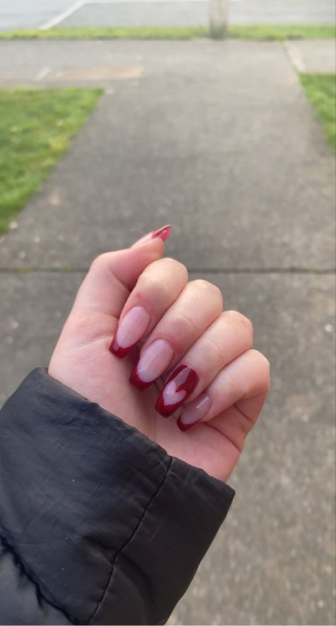 Dark Red French Tip Nails With Heart, Dark Red Acrylic Nails Coffin, Burgundy Coffin Acrylic Nails, Maroon French Tip Nails Acrylic, Dark Red Heart Nails, Dark Red Valentine Nails, Heart Valentines Nails, Downtown Nails, Acrylic French Tip