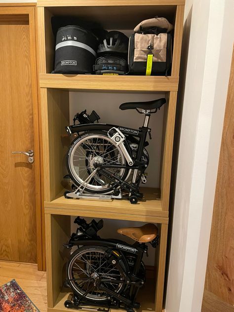 Brompton garage from IKEA Brompton Storage Ideas, Brompton Storage, Bicycle Storage Apartment, Kallax Hack, Foldable Bicycle, Brompton Bicycle, Ikea Kallax Hack, Foldable Bikes, Van Conversion Interior