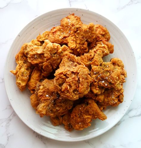 Battered Mushrooms, Fried Oyster Mushrooms, Vegan Buffalo Sauce, Fried Oyster, Fried Oysters, Fried Mushrooms, Oyster Mushrooms, Flaky Salt, Fried Shrimp