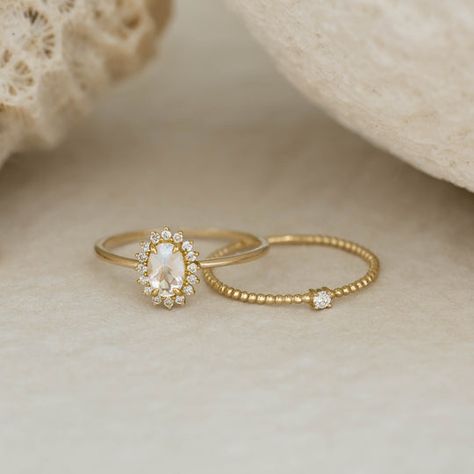 Diamond Beaded Ring 14k Gold - Natalie | Linjer Jewelry Engagement Rings With Moonstone, Different Rings Engagement, Oval Engagement Ring Dainty, Beaded Engagement Ring, Wedding Ring Pearl And Diamond, Diamond And Pearl Engagement Ring, Romantic Engagement Ring, Gold Oval Engagement Ring, Engagement Rings Romantic